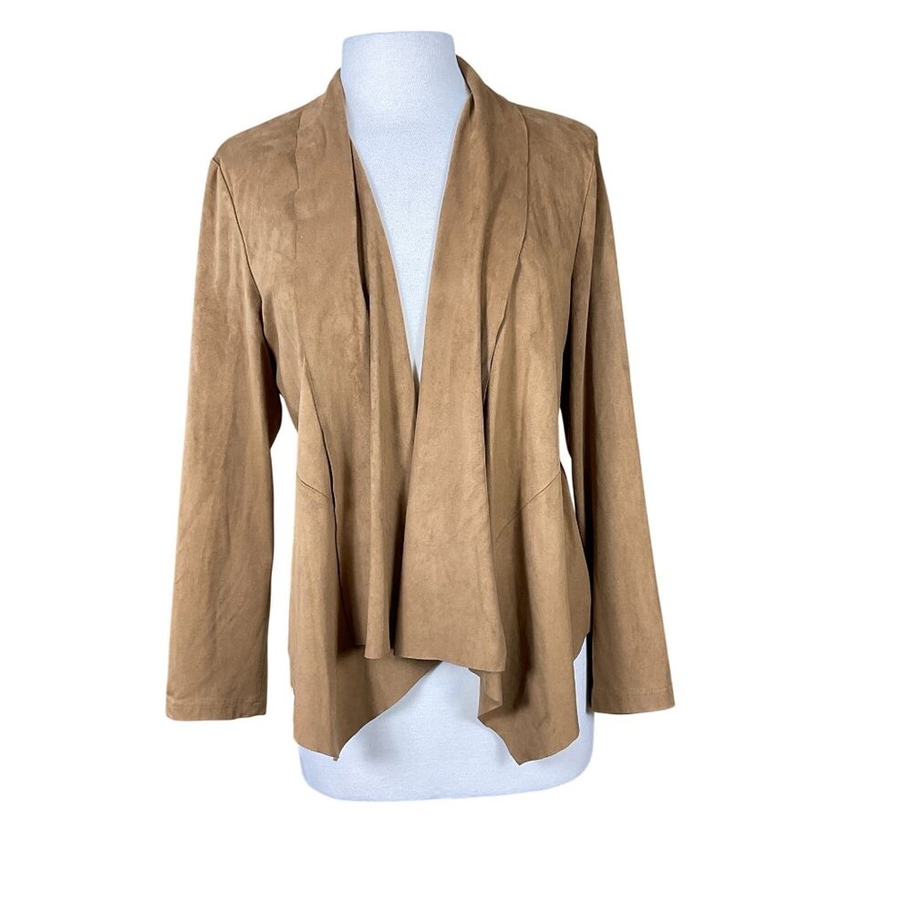 Bagatelle Faux Suede Tan Waterfall Drape Front Jacket XL Long Sleeve Lightweight
